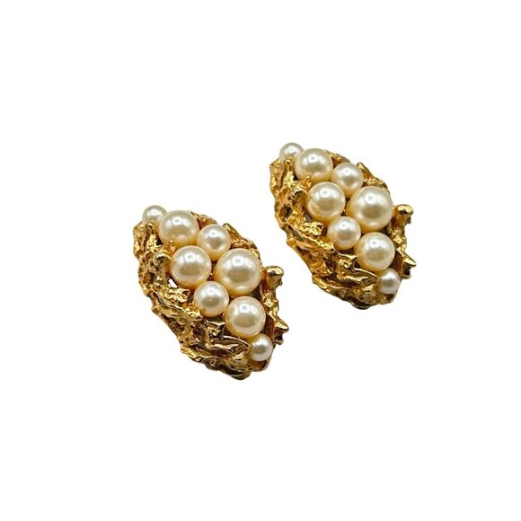 Napier Jewelry - Vintage Napier Gold Tone Clip On Earrings with Faux Pearls Cluster